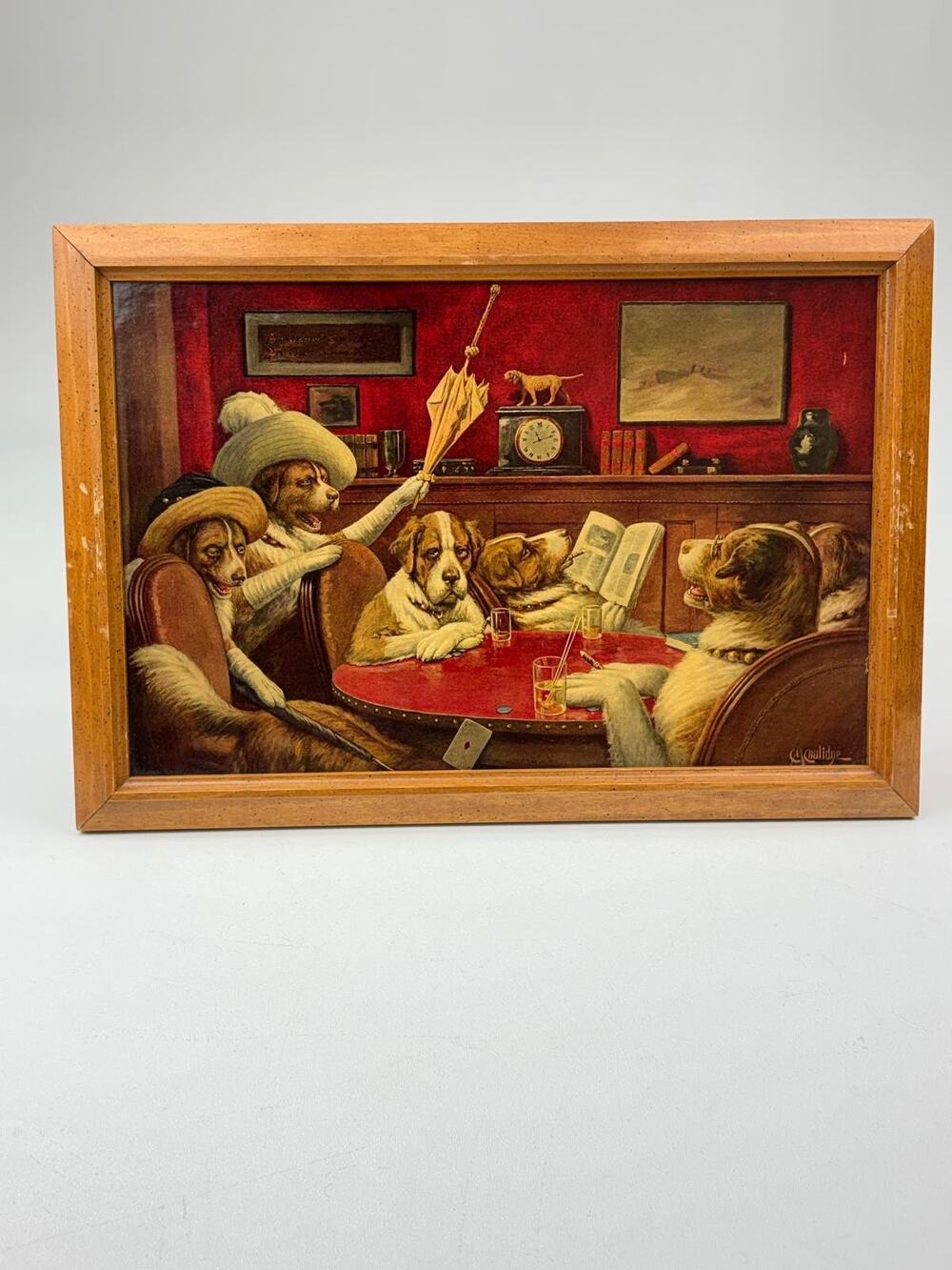 Vtg CM Coolidge Sitting Up with A Sick Friend Dogs Playing Poker Framed Print
